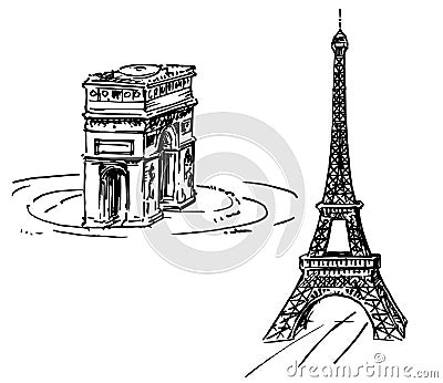 Eiffel tower, Triumphal Arch. France, Paris Vector Illustration