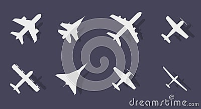 Eight aircraft of different types. Passenger and military. Jet and propeller. Flat vector illustration isolated on dark Vector Illustration