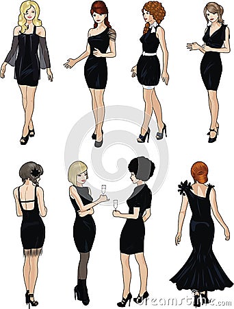 Eight beautiful ladies in black cocktail dresses Stock Photo