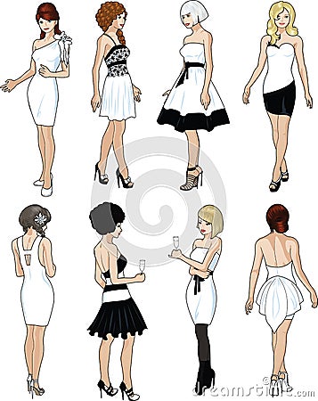 Eight beautiful ladies in white cocktail dresses Stock Photo