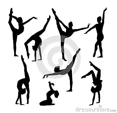 Eight black figures of gymnasts on a white background. Slim sportive woman doing yoga and fitness exercises. Healthy Vector Illustration