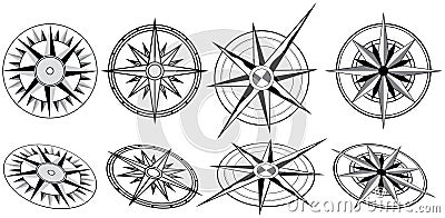 Eight Black and White Compasses Vector Illustration