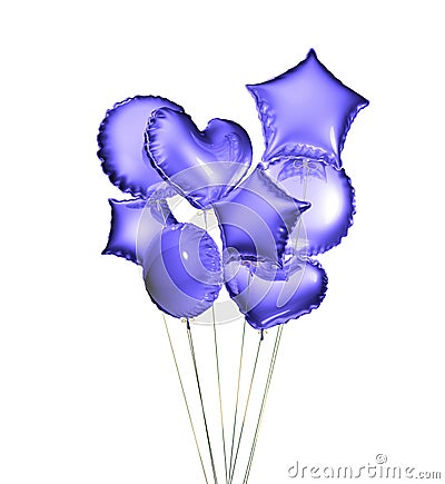 Eight blue balloons in the shapes of a ball, hearts and stars isolated on white background. 3D rendering Stock Photo