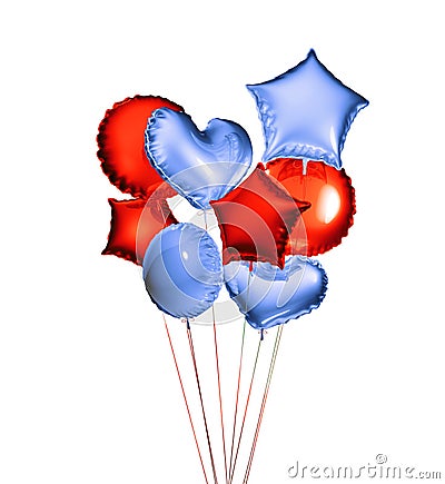 Eight blue and red balloons in the shapes of a ball, hearts and stars isolated on white background. 3D rendering Stock Photo