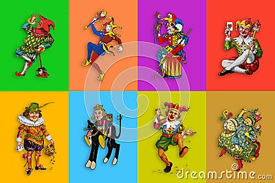 Eight card jokers in colorful rectangles. Stock Photo