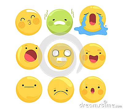 Eight cartoon emoticons showing various facial expressions. Emojis with different emotions like happiness, sadness Vector Illustration