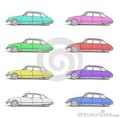 Eight colored Sketches of a Streamlined 1968 French automobile Stock Photo