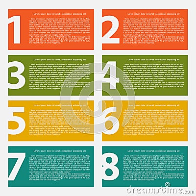 Eight colorful text box with steps for info graphics Vector Illustration