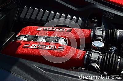 Eight cylinder Ferrari engine. Editorial Stock Photo