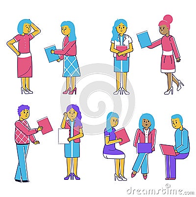 Eight diverse businesswomen characters in different poses with notebooks. Office workers, professional attire, meeting Vector Illustration