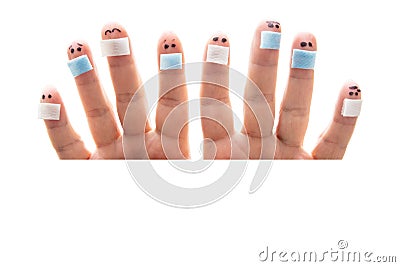 Eight fingers looking around white background, all figures wearing a surgical face mask Stock Photo