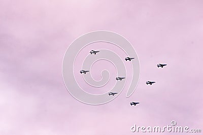 Eight, french, mirage, jet aircraft, flying in formation Stock Photo