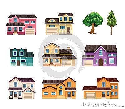 eight fronts houses Vector Illustration