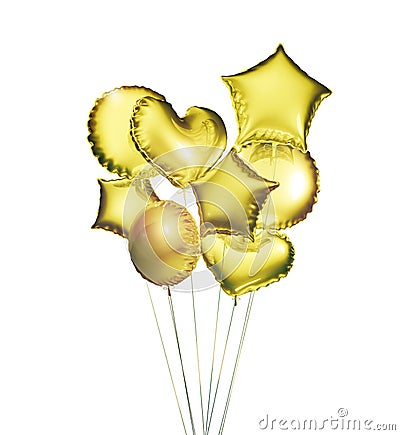 Eight golden balloons in the shapes of a ball, hearts and stars isolated on white background. 3D rendering Stock Photo