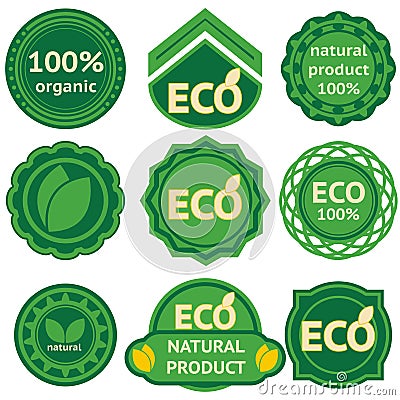 Eight green labels for eco products Vector Illustration