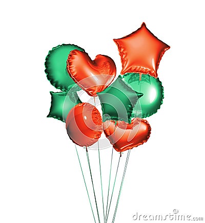 Eight green and red balloons in the shapes of a ball, hearts and stars isolated on white background. 3D rendering Stock Photo