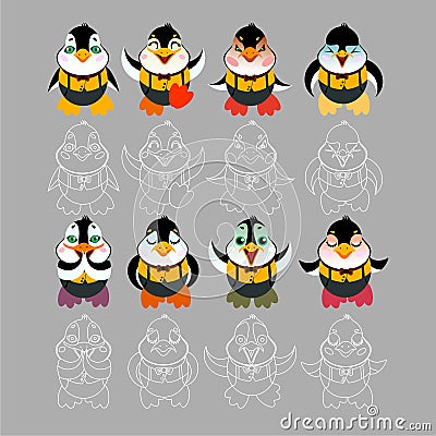 Types of emotions of the penguin character Vector Illustration