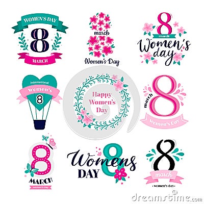 Eight march badges. International Womens Day congratulations, 8 logo and happy woman badge greeting card vector Vector Illustration