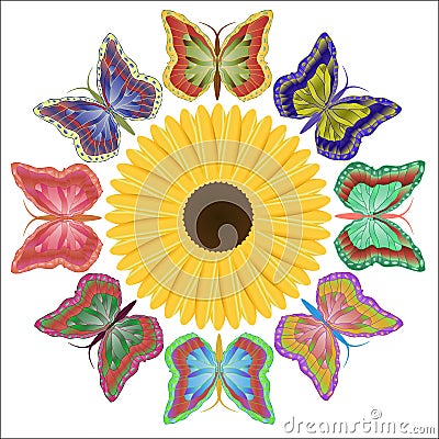 Eight motley beautiful butterflies and a bright flower Vector Illustration