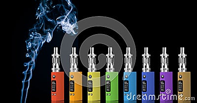 Eight multicolored electronic cigarettes Stock Photo