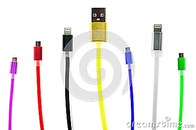 Eight multicolored usb cables, with connectors for micro and for iphone or ipad, stand upright, on a white background. Th Stock Photo