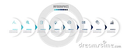 Eight paper white overlapping arrows placed in horizontal row. Concept of 8 successive. For content, diagram, flowchart, steps, Vector Illustration