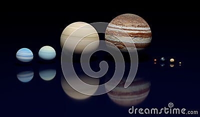 the eight planets of the solar system on a dark blue background Stock Photo