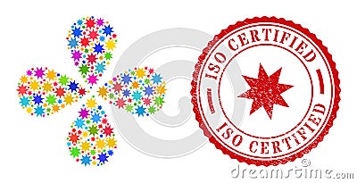 ISO Certified Scratched Seal Stamp and Eight Pointed Star Multi Colored Swirl Fireworks Vector Illustration