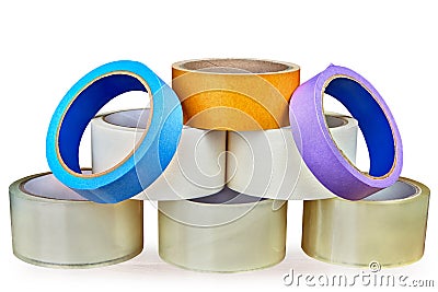 Eight rolls of sticky tape on a white background. Stock Photo