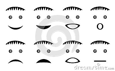 Eight smileys, human faces, with different emotions. Funny pictures. Black and graphics. Vector graphics art. Vector Illustration