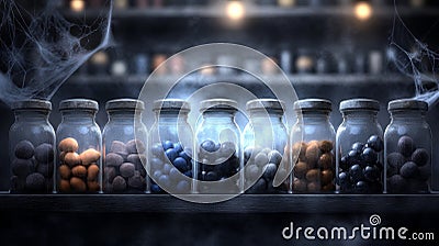 Eight vintage jars filled with colorful objects, illuminated in a dimly lit setting, creating an eerie yet intriguing atmosphere Stock Photo