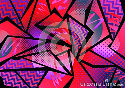An eighties/nineties 80`s/90`s style blue, pink, purple and red pop art effect design with zig zag, halftone and gradient elemen Stock Photo