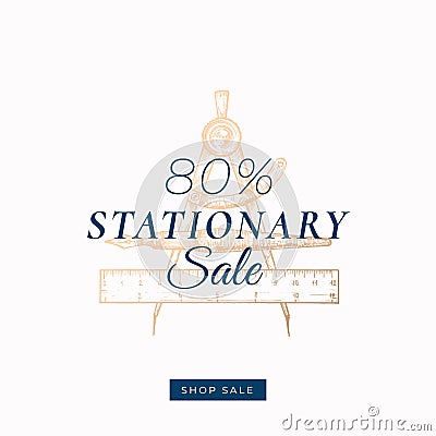 Eighty Percent Stationary Autumn Sale. Abstract Vector Label, Sign or Card Template. Hand Drawn Golden Pen, Compas and Vector Illustration