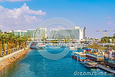 EILAT, ISRAEL, DECEMBER 30, 2018: Hotels in israeli holiday resort Eilat, Israel Editorial Stock Photo