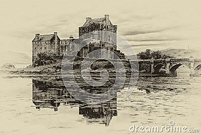 Eilean Donan Castle photo in the style of b&w graphic list Stock Photo