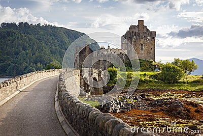 Eilean Donan Castle from 13th century in the centre of three lochs - Alsh, Duich, Long, in Dornie, Kyle of Lochalsh Stock Photo