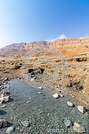 a natural spring of boiling sulfur water, on the wild shore of the Dead Sea Stock Photo