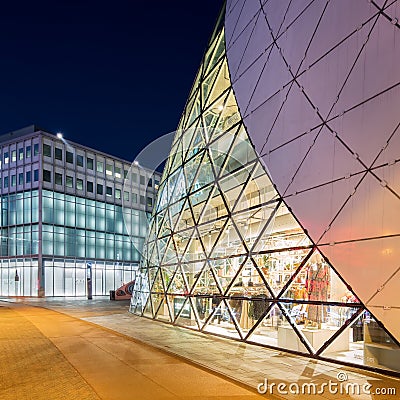 Organic shaped blob building in Eindhoven center at twilight, The Netherlands Editorial Stock Photo