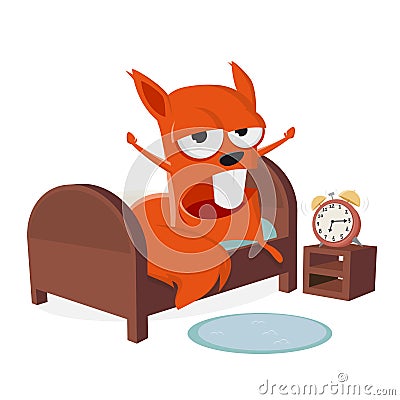 Sleepy cartoon squirrel is getting out of bed Vector Illustration