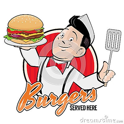 Happy chef serving a delicious burger sign Vector Illustration