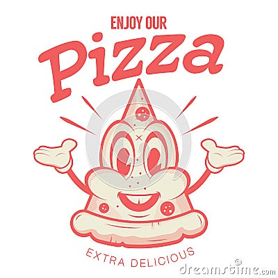 Retro cartoon illustration of a happy pizza piece Vector Illustration