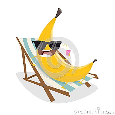 Funny cartoon banana relaxing on sunbed Vector Illustration