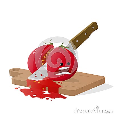 Cartoon tomato cut by kitchen knife Vector Illustration