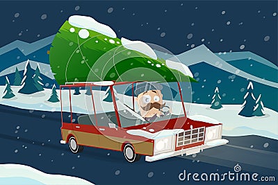 Funny cartoon man bringing home the christmas tree Vector Illustration