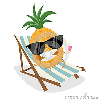 Funny cartoon pineapple relaxing on sunbed Vector Illustration