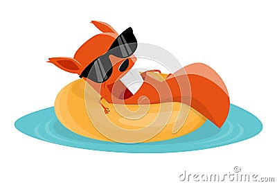 Funny cartoon squirrel on a floating tire Vector Illustration