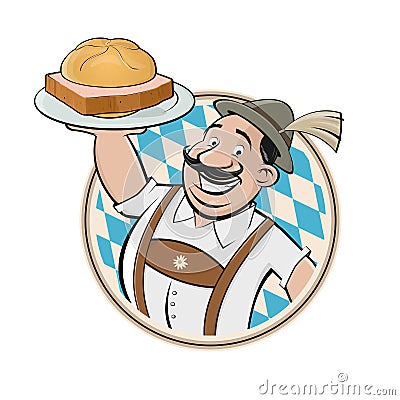 Cartoon logo of a Bavarian man serving German specialty food meatloaf called LeberkÃ¤se Vector Illustration
