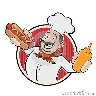 Cartoon logo of a chef serving a hot dog Vector Illustration