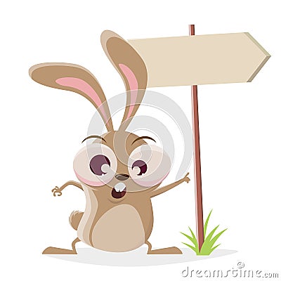 Funny cartoon illustration of a crazy rabbit with important sign Vector Illustration