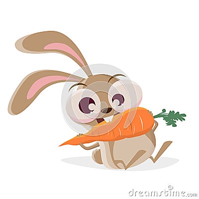 Funny cartoon illustration of a crazy rabbit eating a big carrot Vector Illustration